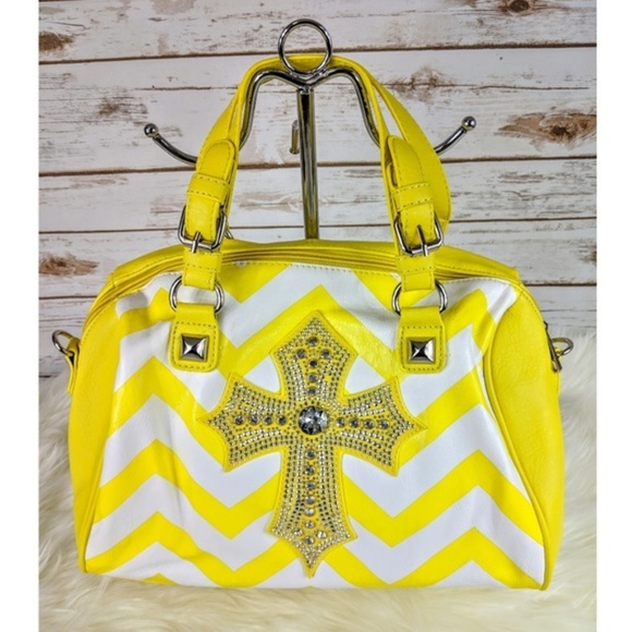 Yellow Chevron Cross Satchel Handbag - Picture 2 of 5